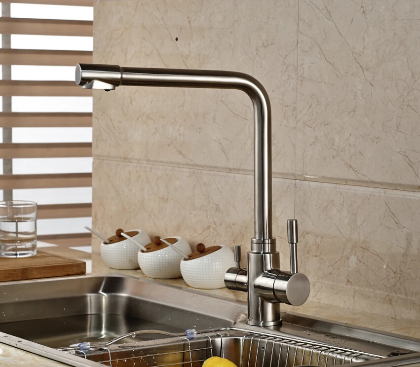 

Multifunctional Kitchen Faucet Deck Mounted Brushed Nickle Finished Mixer Tap 2Water Holes and 2Handles