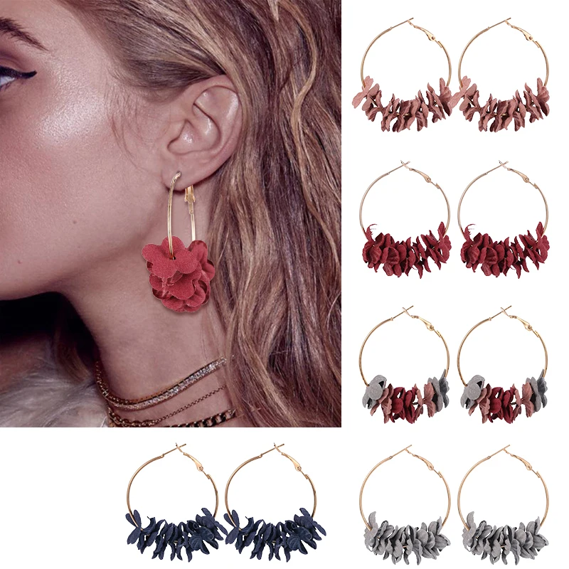 

HOCOLE Fashion Fabric Flower Drop Earrings For Women 2019 Statement Colorful Metal Circle Big Hoop Earring Jewelry Wedding Gift