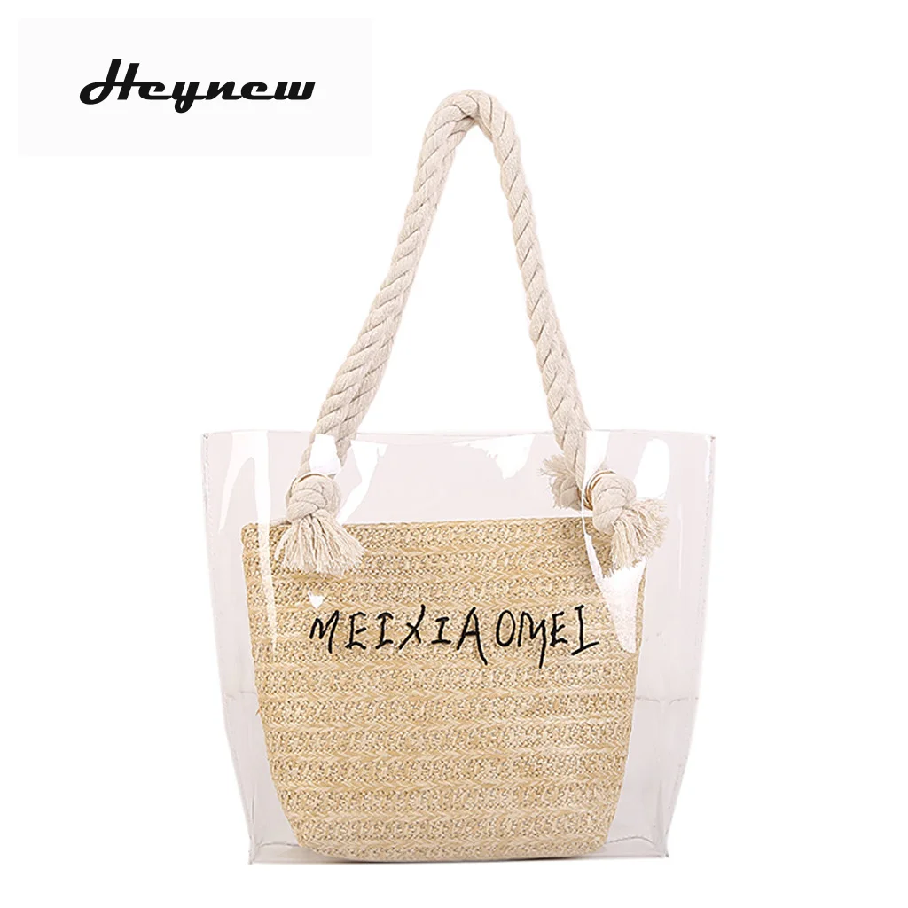 

Straw tote 2 sets Women Simple Versatile Shoulder Large-capacity Transparent Bag Fashion Handbag Travel Shopping Braided bags