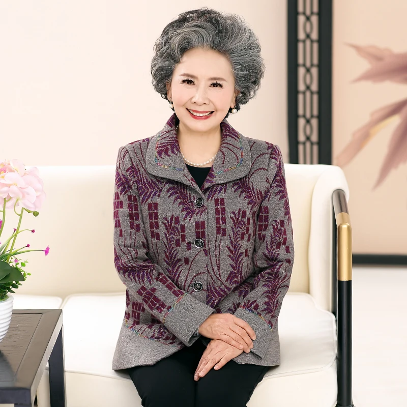 2017 Grandma Spring Jackets Button Front Basic Coats Elderly Women's Elegant Jacket Flower Print Coat Chinese Woman Outerwear XL