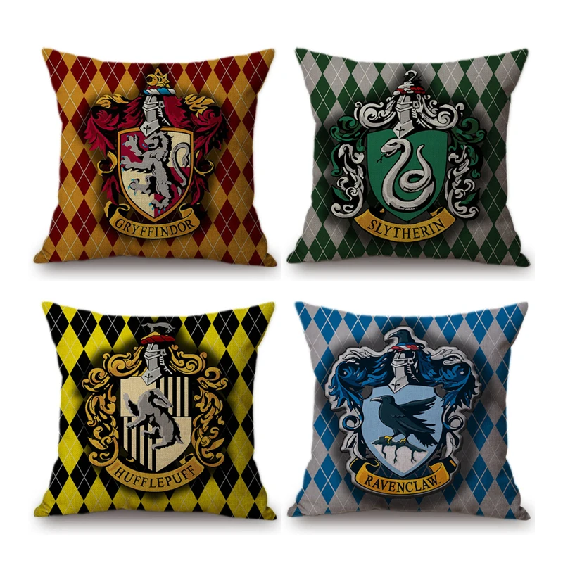 

Harry Potter Decorative Cushion Cover For Sofa Car Hufflepuff Gryffindor Slytherin Ravenclaw Cotton Linen Square Pillow Cases