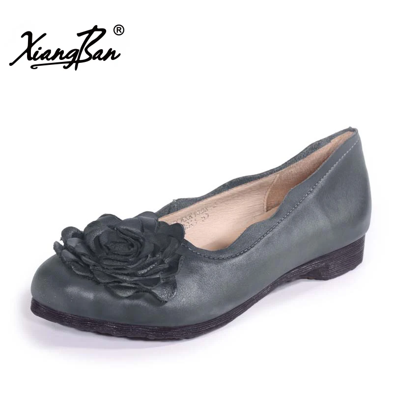 

Xiangban 2019 spring genuine leather women flat shoes handmade retro flowers casual loafers flat comfortable