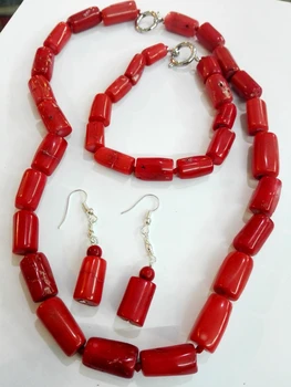 

Woman Jewelry Necklace Set 17mm Hot Red Coral stone cylinder beads Necklace bracelet dangle Earrings