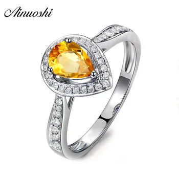 

AINUOSHI Natural Citrine Teardrop Ring Pure 925 Sterling Silver Halo Ring 1ct Oval Cut Gemstone Engagement Jewelry Women Ring