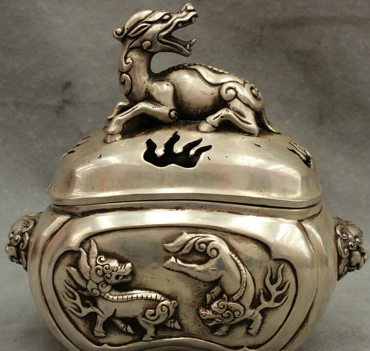 

607++8" Folk Chinese Silver Beast Flame Kylin Lion Head Statue Incense Burner Censer