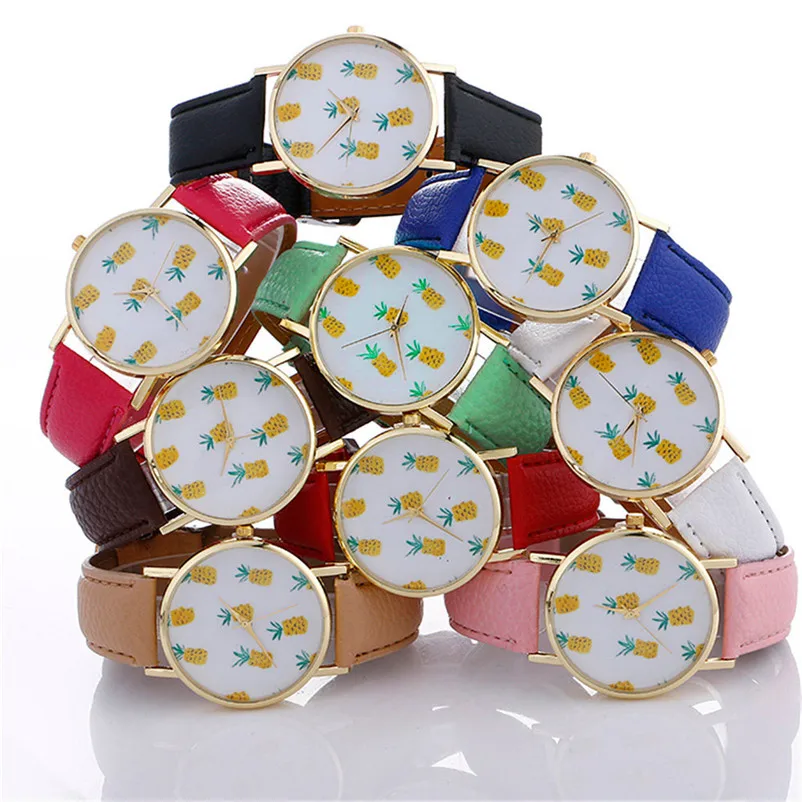 Excellent Quality women's watches casual watches Stylish Pineapple Printing Leather Bracelet Lady Womans Wrist Watch clock M17 (2)