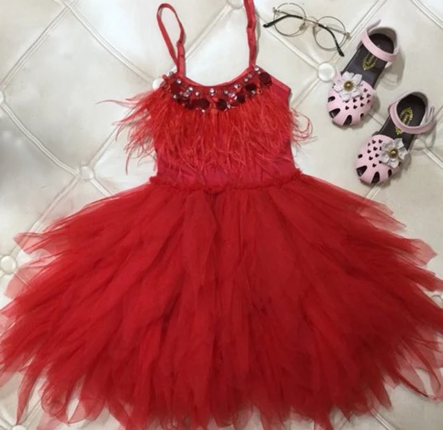 Kids Dress For Girls Flower Girl Fashion Feather Tassels Girls Wedding Party Girls Princess Dresses Clothes 2-10 Yrs - Цвет: Red