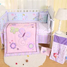 Хлопок детские мягкие бортики для кровати дышащие фиолетовые бабочки вышивка простыня и пододеяльник кровать юбка детские постельные принадлежности для кроватки наборы