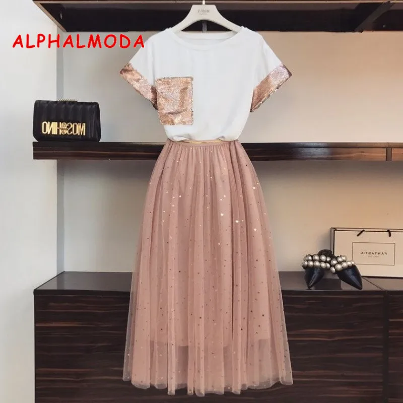 ALPHALMODA, летняя модная футболка с блестками и карманами+ газовая юбка до середины голени со звездами, женский модный комплект из 2 предметов