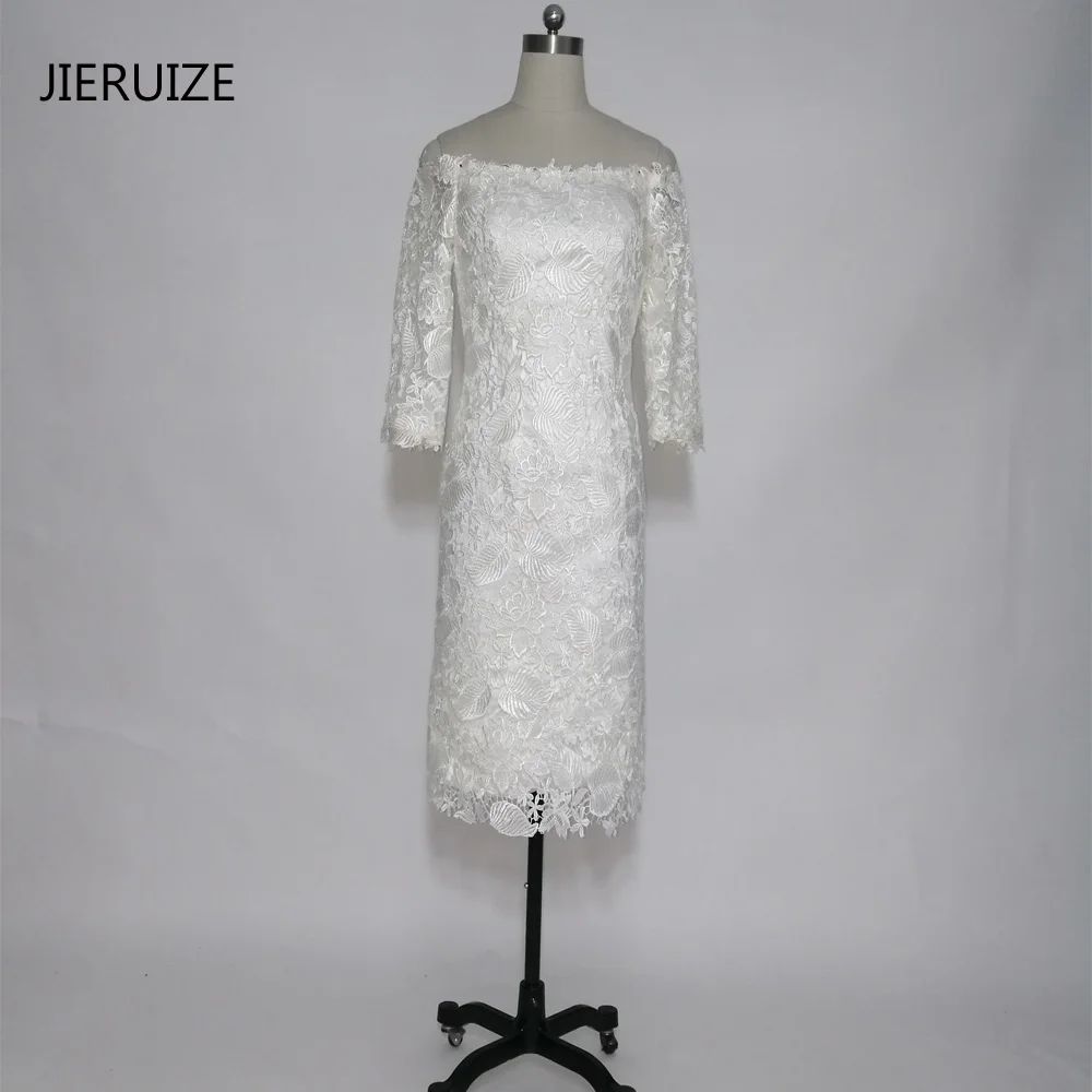 JIERUIZE לבן וינטג 'תחרה קצרה שמלות הערב כבוי כתף 3/4 שרוולים שמלות אמא רשמית של שמלות הכלה