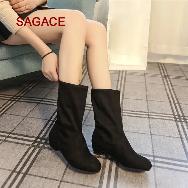 

4xColor Women Suede Square Heel Round Toe Middle Tube Pure Color Slip-On Boots