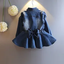 2016 New Arrival Baby Girls Long Sleeve Denim Dresses Girls Fashion bowknot Denim Dress Kids Dress-style Blouses
