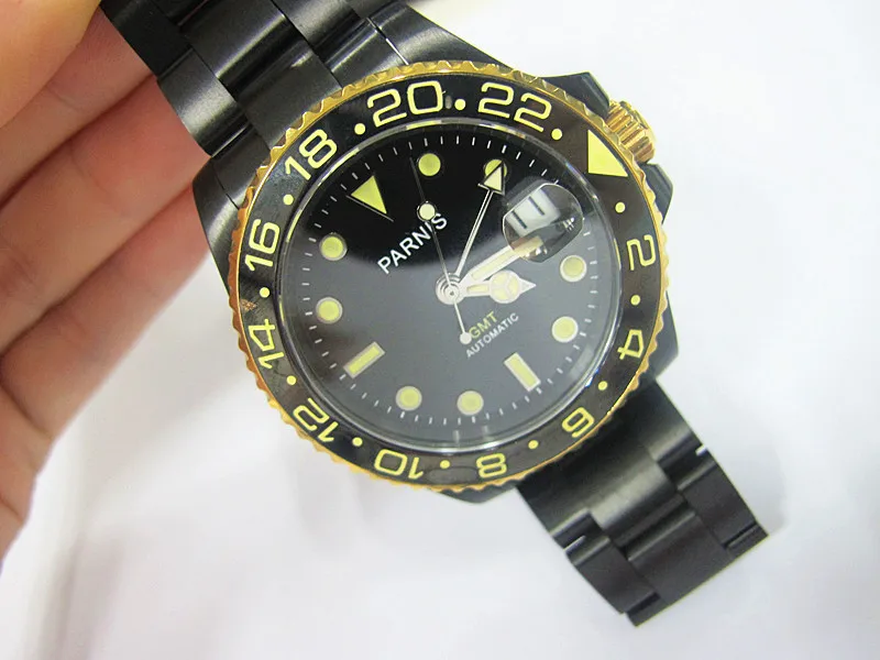 

40mm Parnis Sapphire Crystal Watch Ceramic Yellow Bezel Black PVD Case Automatic Movement Men's Wristwatches