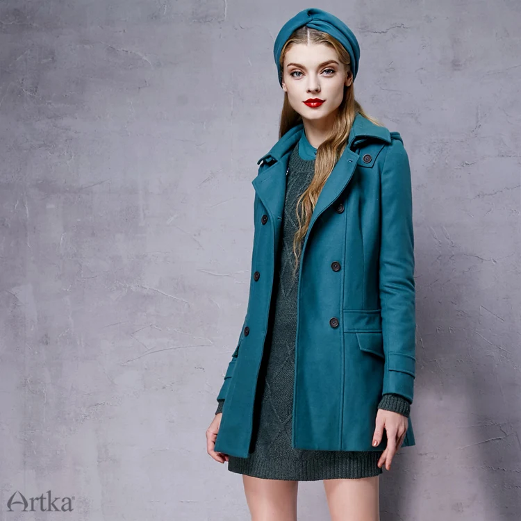 Распродажа ARTKA однотонное зимнее винтажное двубортное 50% шерстяное съемное шерстяное пальто с отложным воротником WA11058Q