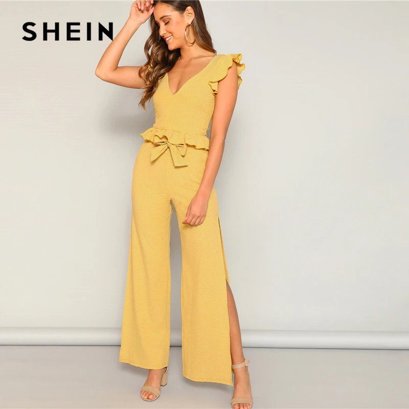 

SHEIN Boho Yellow Knitted Ruffle Trim Striped Top and High Split Side Wide Leg Pants Set Women Summer 2019 Elegant Two Piece Set