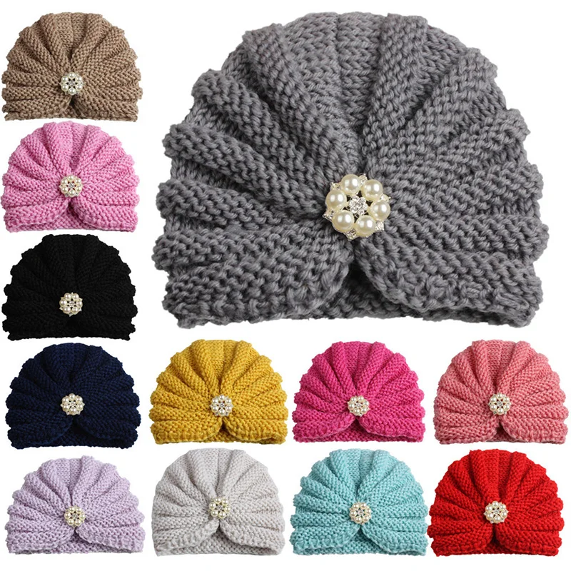 

Warm Baby Hat with Pearls Knit Baby Beanie Newborn Kids Cap for Boys Girls 12 Colors