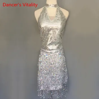

2018 New Latin Dance Dress Stage Performance Costume Women Girls Sleeveless Backless Sequins Tassel Dresses Free Custom