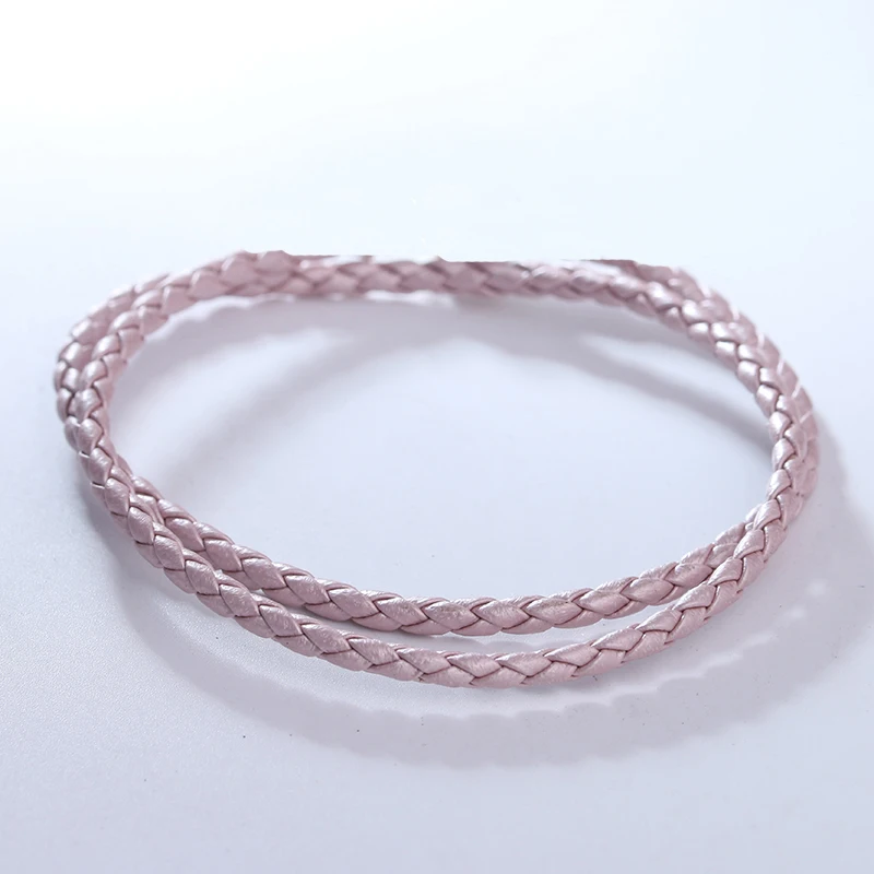 

Pandulaso Pearl Pink Leather Bracelets with Silver Round Clasp for Women & Men Fashion Silver 925 Jewelry DIY Rope Bracelets