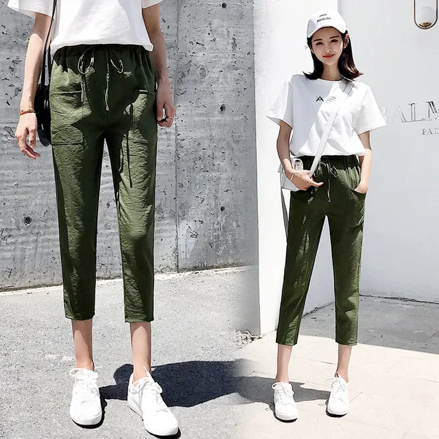 Good linen pants capris woman summer stretch waist harem pants pockets new casual drawstring cropped trousers female pink green