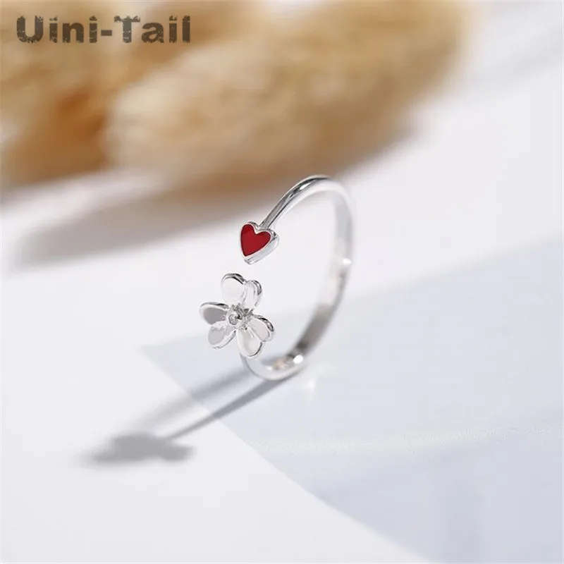 

Uini-Tail hot new 925 sterling silver three-leaf petals red heart-shaped opening ring Korean hipster simple student fresh GN998