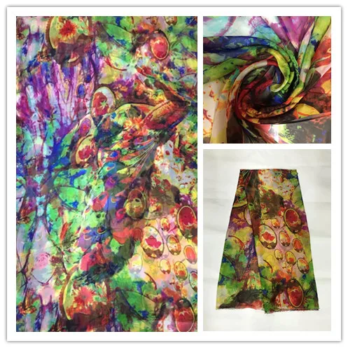 

140cm New Summer Print 100%Silk Chiffon Fabric Fashion colorful leopard design print 100% silk chiffon fabric 6momme DSF21