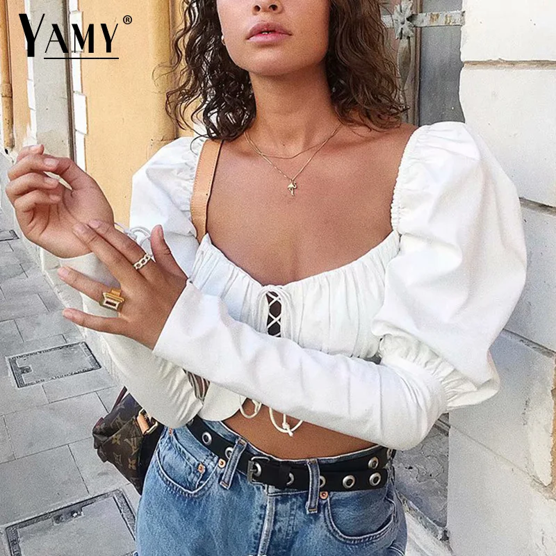  Long sleeve crop top womens tops and blouses tunic vintage blusas casual sexy shirts Korean white b