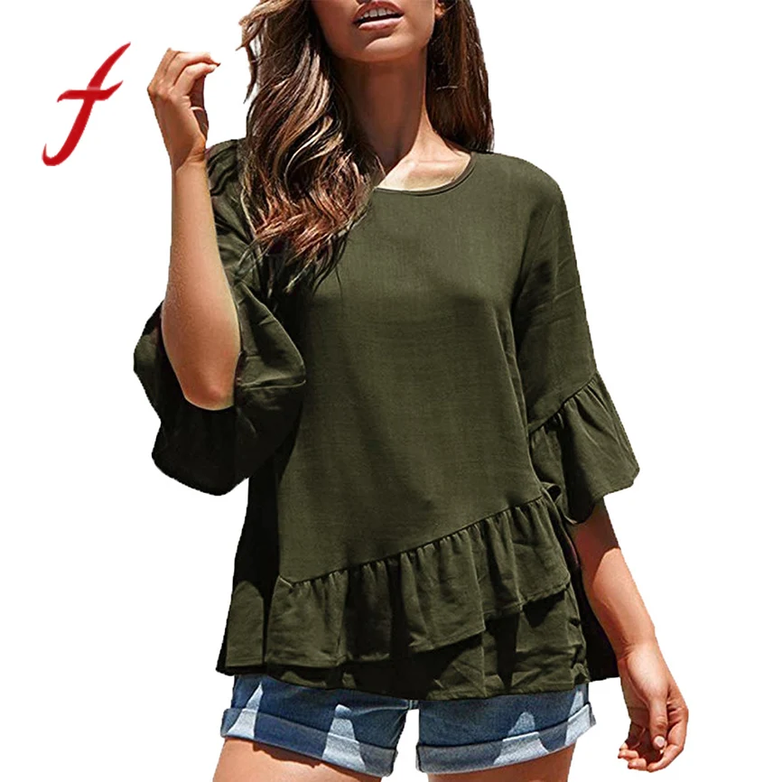 

Graphic tees women Summer t shirt new arrivals Women's ruffled half sleeve casual top O-neck lapel short-sleeved fishnet top tim