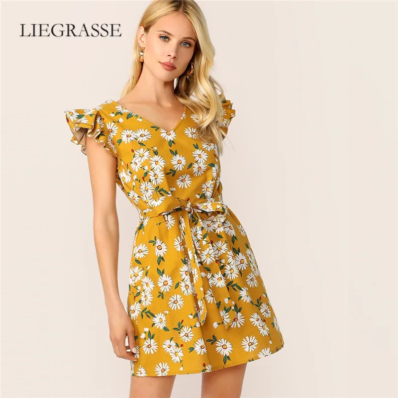 Dress Daisies Printed V-collar Summer Dress Girl Beach Dress Beach Wear