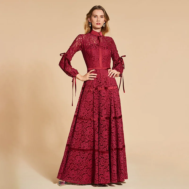 Tanpell lace evening dress elegant rust red 3/4 sleeves floor length a line gown women high neck plus customed evening dresses