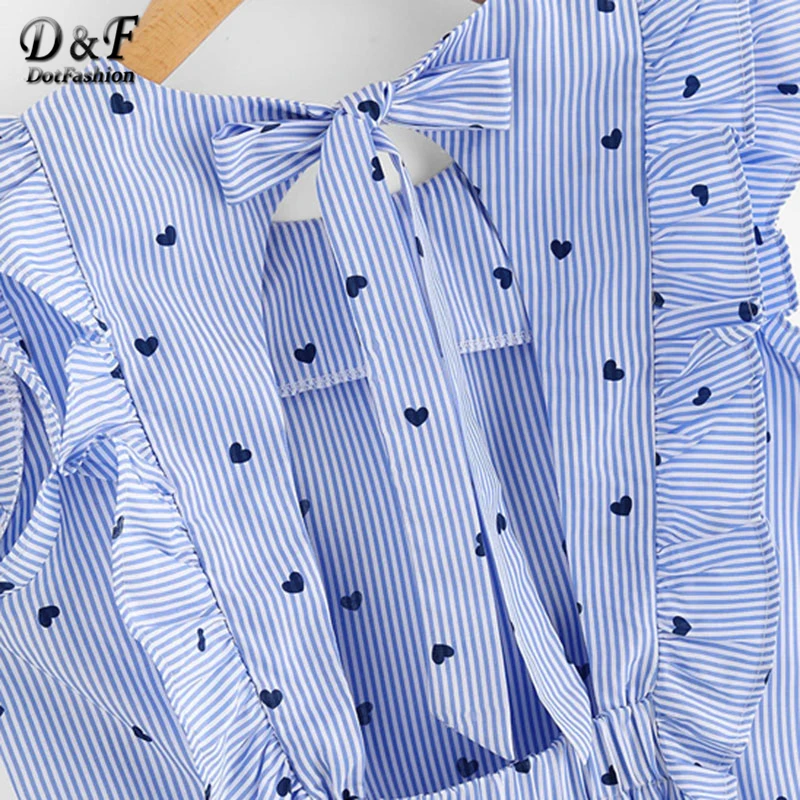 Dotfashion Frill Trim Open Back Bow Tie Detail Striped Top 2019 Summer Cap Sleeve Ruffle Slim Women Top Blue Round Neck Blouse