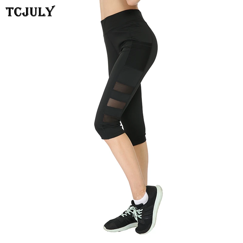 

TCJULY New Mesh Capris Leggings With Pocket High Waist Slim Push Up Workout Pants Stretch Breathable Black Fitness Leggins Women