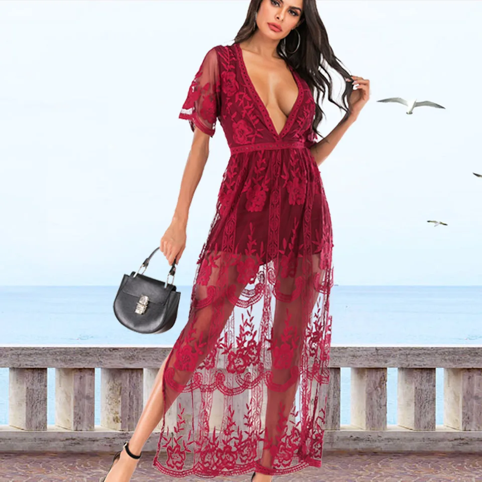 Comprar SESOAF mujeres Sexy de manga corta Vestido largo cuello en V profundo de encaje mameluco Venta caliente Vestido en Amazon Maxi Vestido de boda