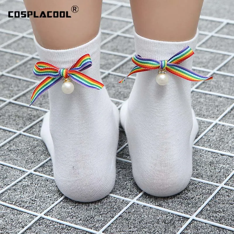 [COSPLACOOL]Harajuku творческая Радуга женский бант жемчуг Skarpetki модные носки женские Meias
