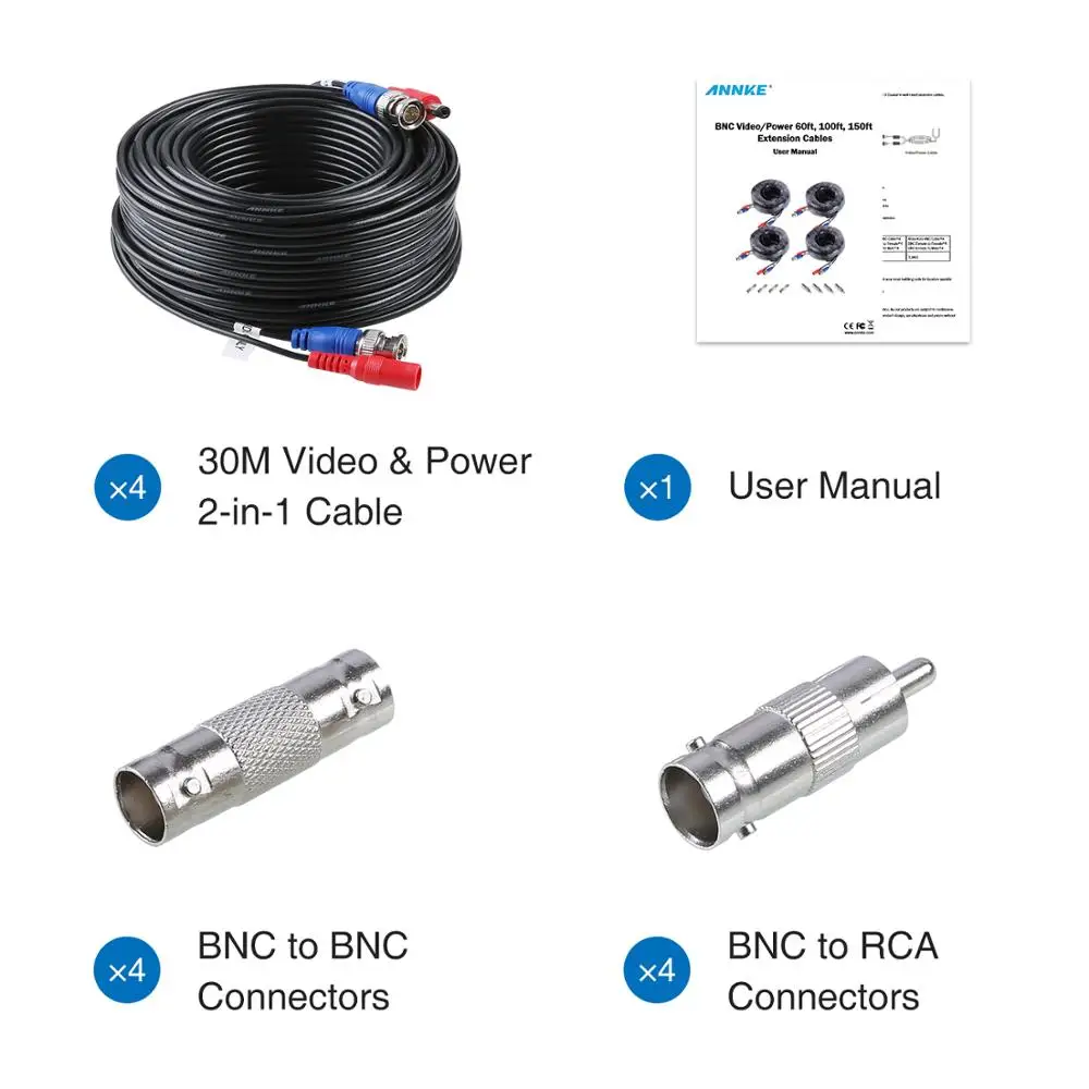ANNKE 4 шт. в партии 30 м 100 футов BNC видео кабель питания для CCTV AHD камера DVR система безопасности черный аксессуары для наблюдения