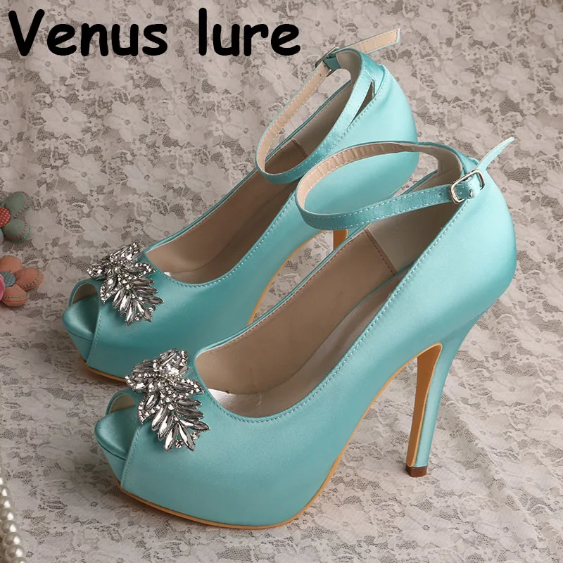Open Toe Mint Green High Heels for Women Wedding Ankle Strap Crystal Platform Shoes