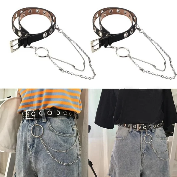 

Women Men Punk Leather Belt Rivet Eyelet Stud Grommet Holes Buckle Chain