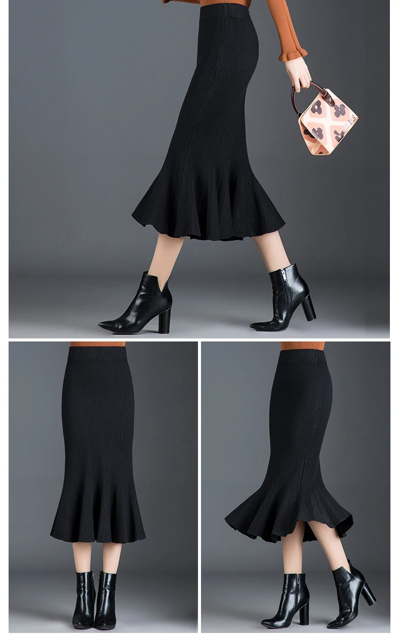 Дамская зимняя модная женская шерстяная вязаная юбка с рыбий хвостом новая весенняя и осенняя юбка на бедрах женская черная юбка с высокой талией