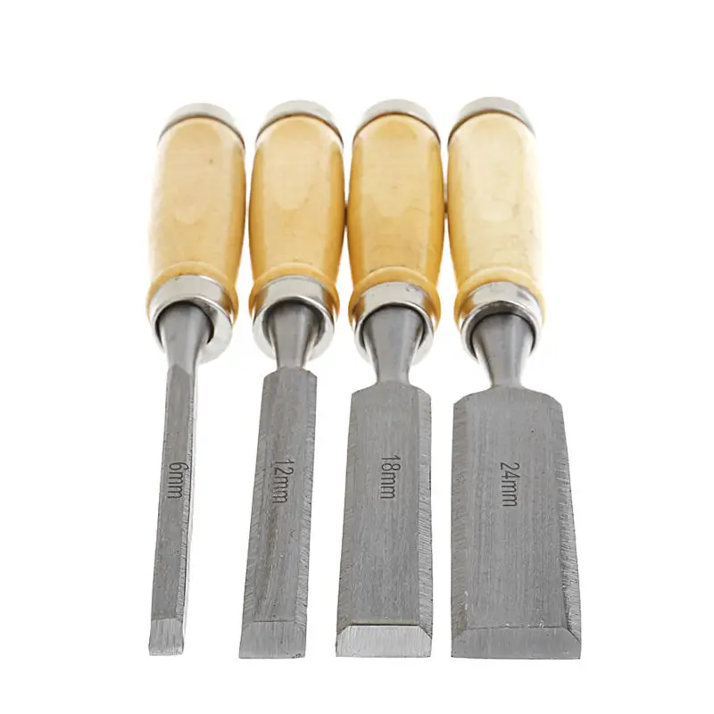 4Pcs/set 6/12/18/24mm Wood Flat Chisel DIY Carving Set Woodworking Handle Tool