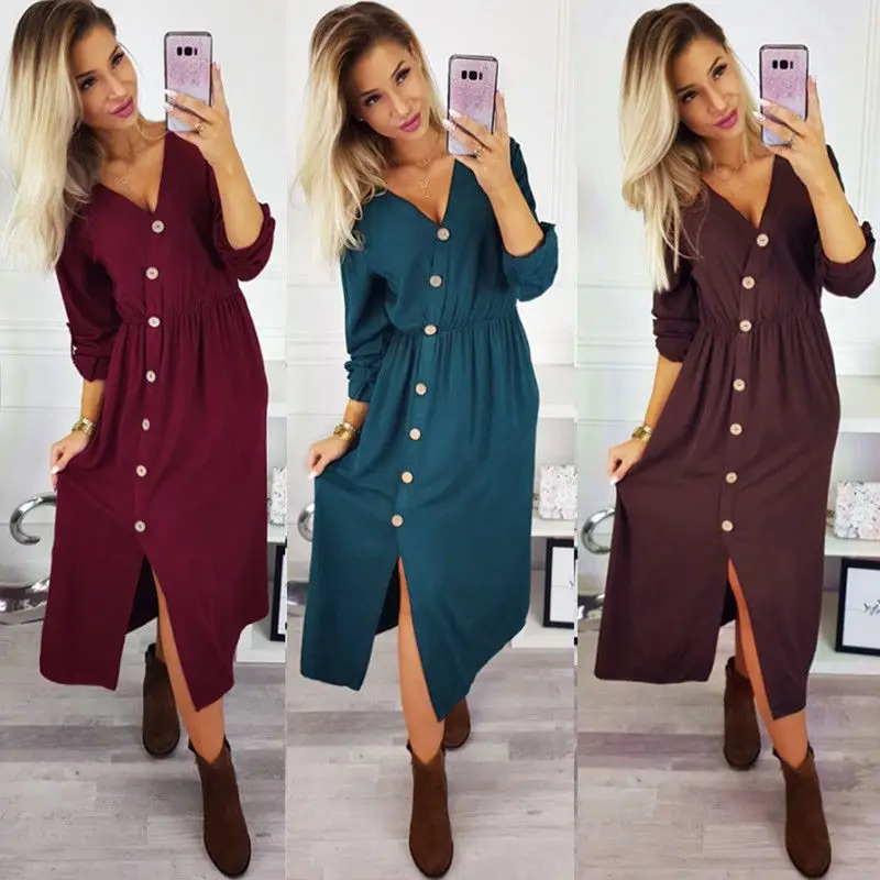 

Womens Summer V Neck Dress Beach Button Pocket Midi Swing Sundress Holiday Ladies Dress