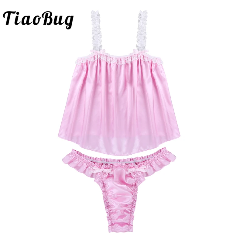 Tiaobug Men Soft Shiny Satin Crossdressing Sissy Lingerie Set 