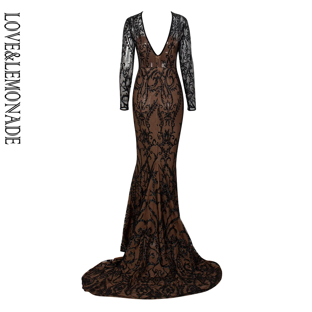 Love& Lemonade сексуальное длинное платье с открытой спиной и геометрическим узором из блестящего Клеевого Материала облегающее длинное платье LM6578-1 черное