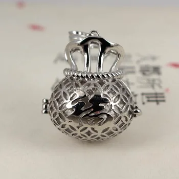 

New Rhodium tone Chinese Fu Luck Marked Hollow Filigree Locket Cage Pendant Findings Craft Essential Oil Diffuser Wholesale