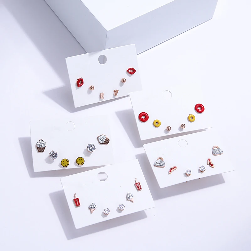 

Yhpup 3 Pairs/Set Stainless Steel Personality Stud Earrings Lips Expression Food Fashion Jewelry Brincos for Girl Women Party