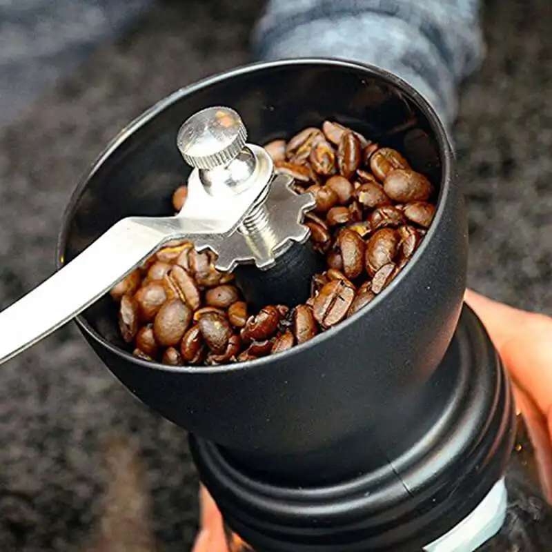 Практичная ручная кофемолка с керамическими заусенцами, ручная кофейная мельница с двумя стеклянными баночками и столовой ложкой