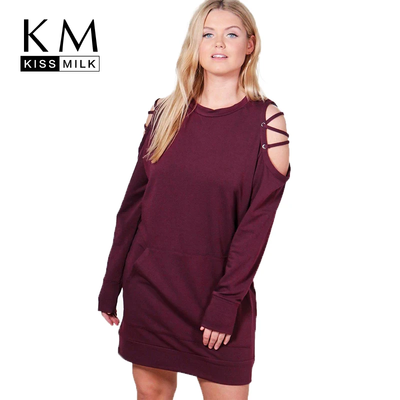 

Kissmilk Pus Size Cold Shoulder Hollow Out Bandage Women Mini Dress Solid Color Casual Long Sleeve Dress Large Size Dress
