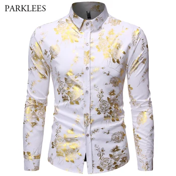 

Metal Printed Floral Long-Sleeved Shirt Men's 2019 New Fashion Nightclub Party Casual Slim Fit Men Dress Shirts Camisas Hombre