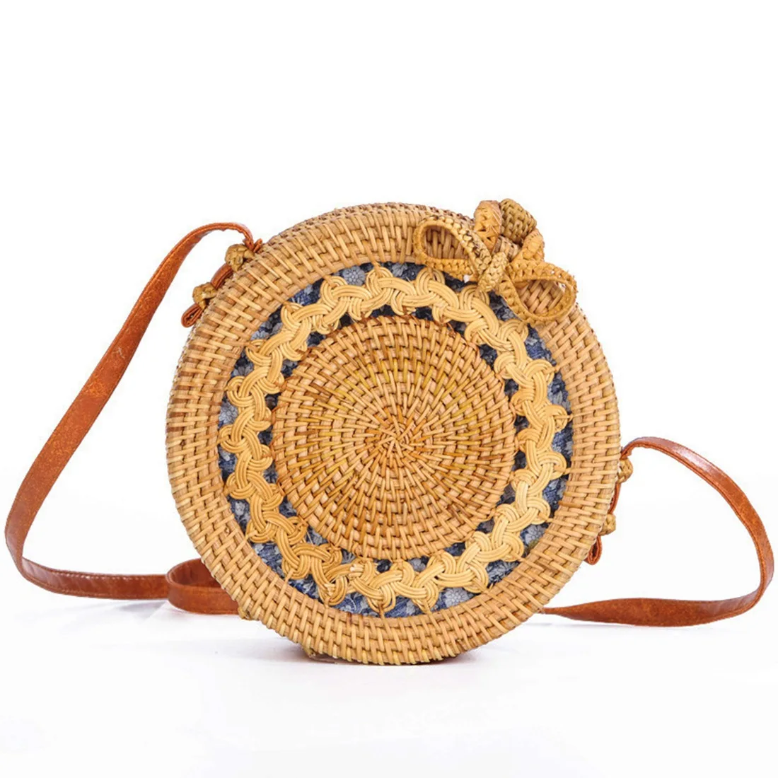 

hand-woven bag round rattan retro literary straw bag Bohemian hollow beach round shoulder bag PU shoulder strap