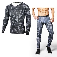 Камуфляж компрессионная футболка с длинным рукавом Мужская Фитнес-марка одежды футболка брюки Устанавливает Quick Dry Crossfit леггинсы костюмы S-3XL