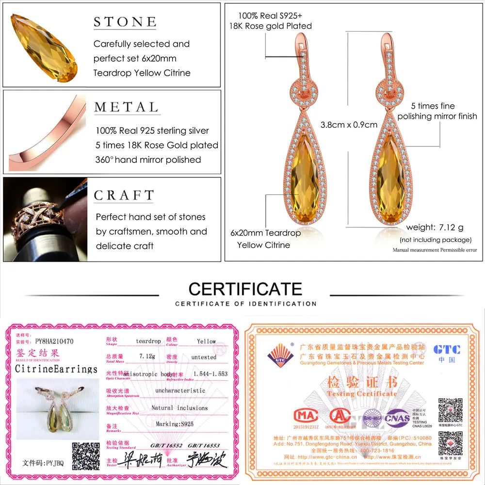 Lamoon Luxury Gemstone Natural Citrine 925 Sterling Silver Drop Earrings S925 Fine Jewelry Rose Gold Plated For Women LMEI024