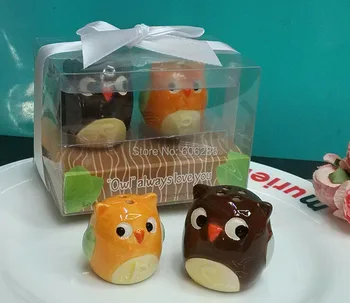 

30sets=60pcs/lot ceramic owl salt pepper shaker set in gift box baby showers christening baptism party favors and gifts supplies